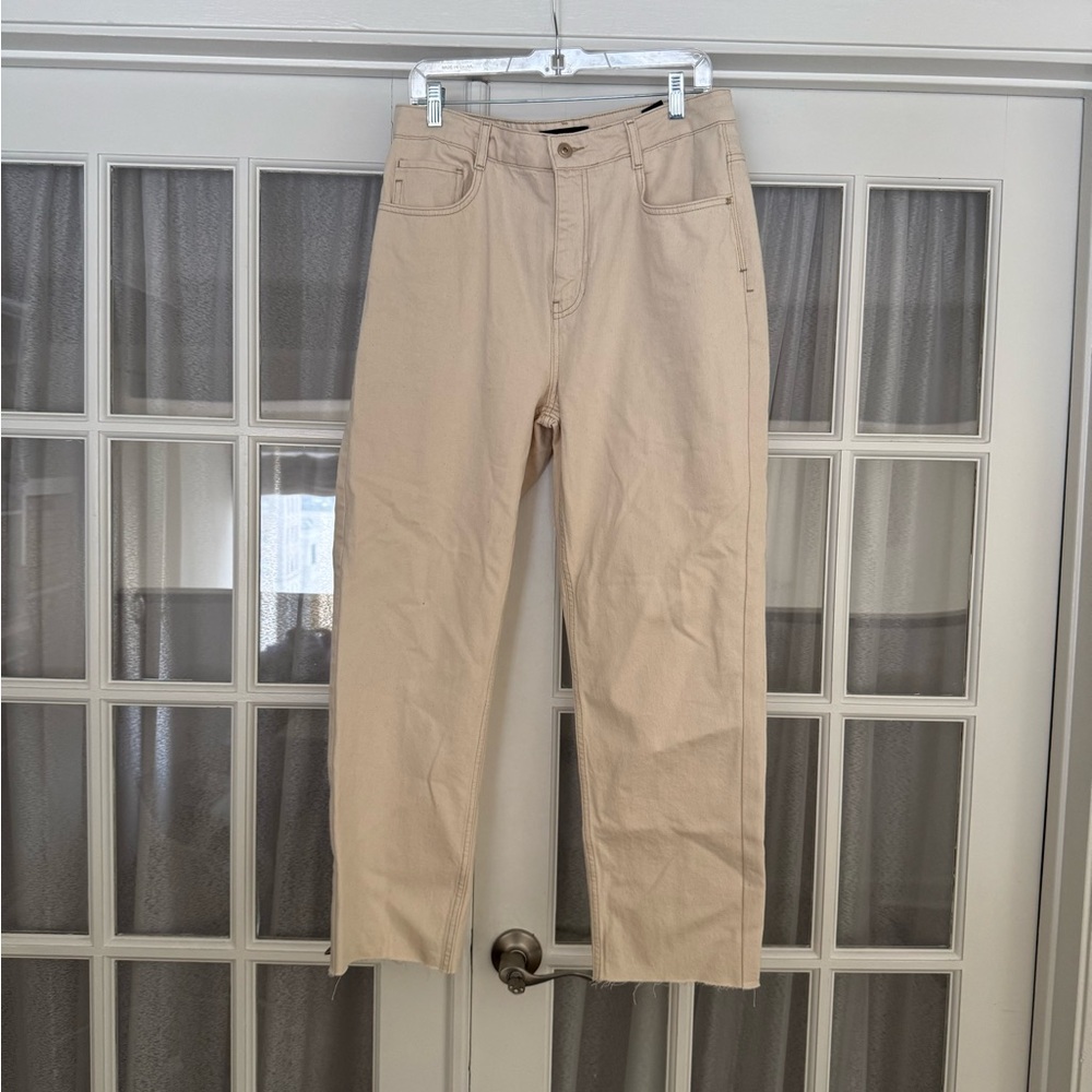 Zara Beige High-Rise Straight Leg Jeans